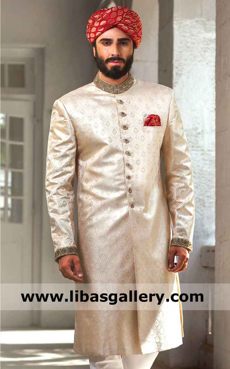 Groom is ready for nikah in Jamawar Sherwani Style