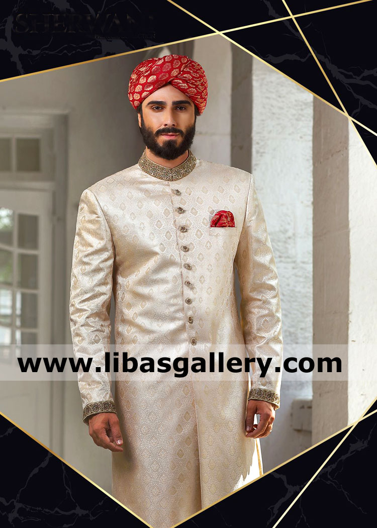 Groom is ready for nikah in Jamawar Sherwani Style