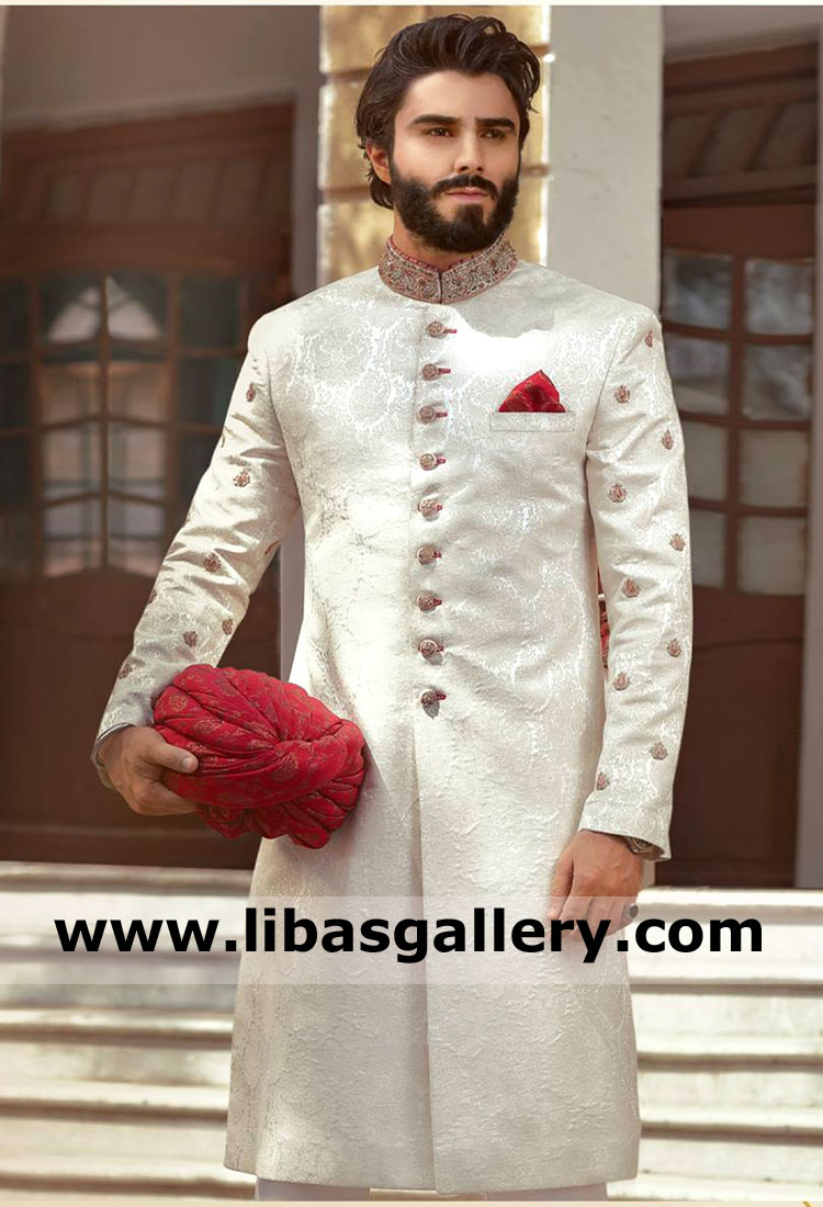 Next Generation Jamawar Wedding Sherwani Design Pretied Red Turban And Mix Color Hand 