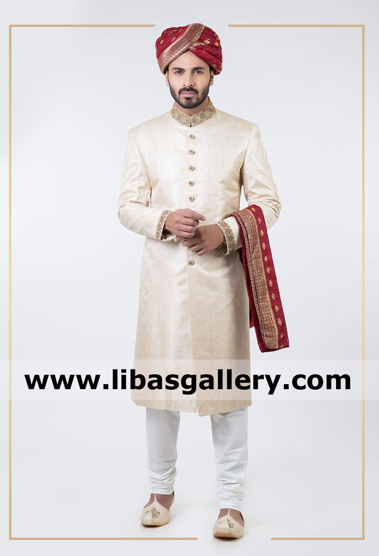 buy knee length designer jamawar wedding sherwani for groom pretied red turban and matching khussa available maryland sugarland USA