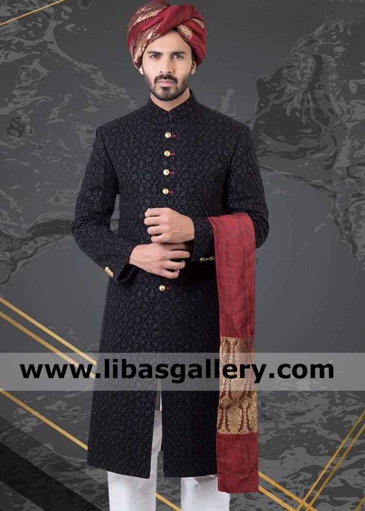 Computer Embroidered Black Wedding Sherwani For Groom Pretied Jamawar Turban And Matching Khussa 