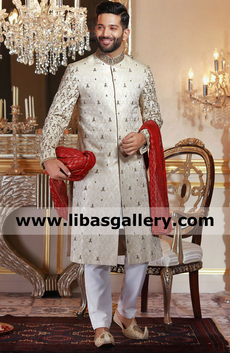 Groom Jamawar Wedding Sherwani With Heavy Hand Embellishment On Sleeves And Collar For Nikah 