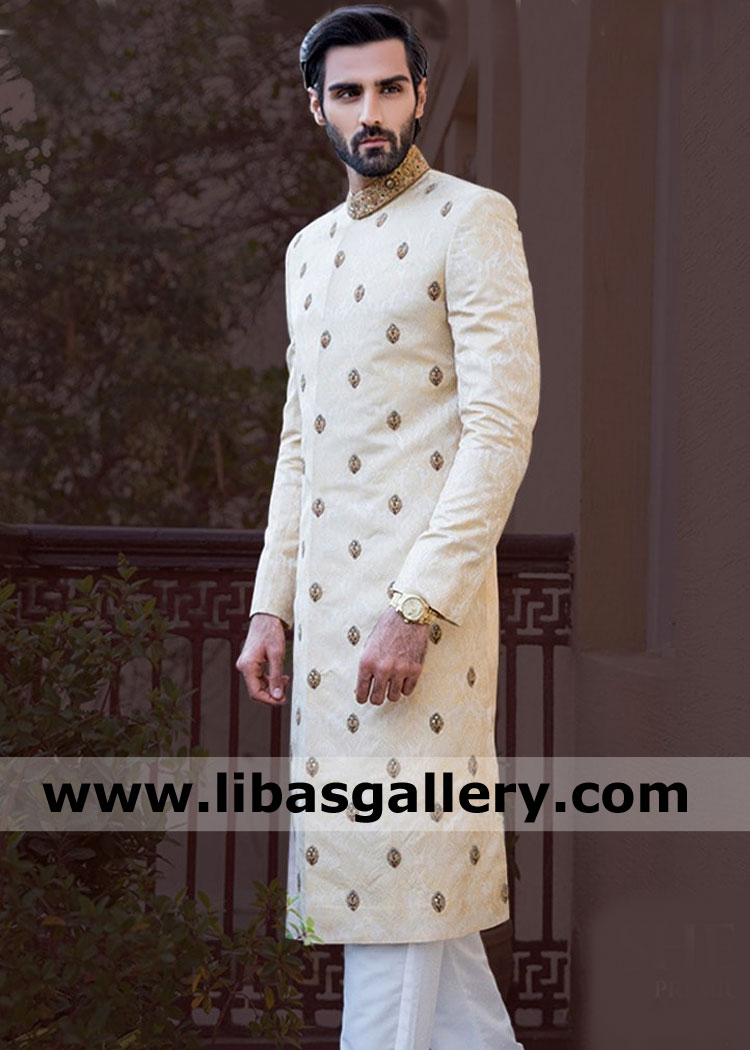 hasnain lehri looking happy in ivory jamawar groom sherwani small motifs all over and gold work collar uk dubai usa