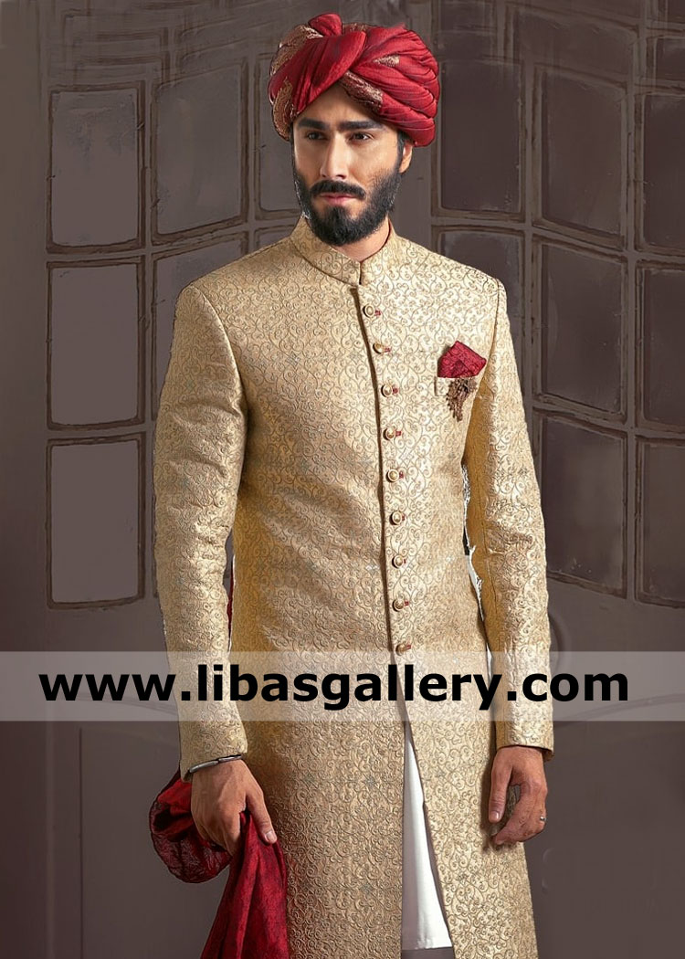 Golden Jamawar Groom Embroidered Wedding Sherwani Suit