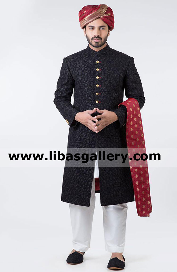 After having tikka kabab qorma in dinner groom is looking happy on shoot in full embroidered wedding sherwani black asia europe south africa