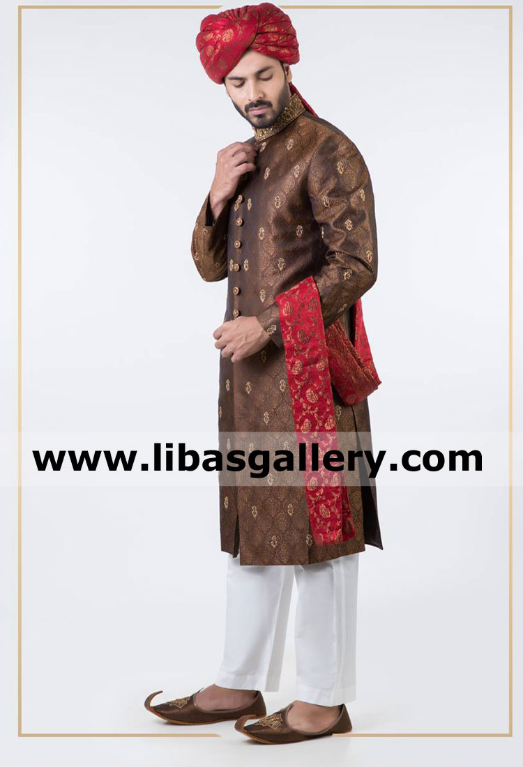 Rust Color Jamawar Embellished Wedding Sherwani Design