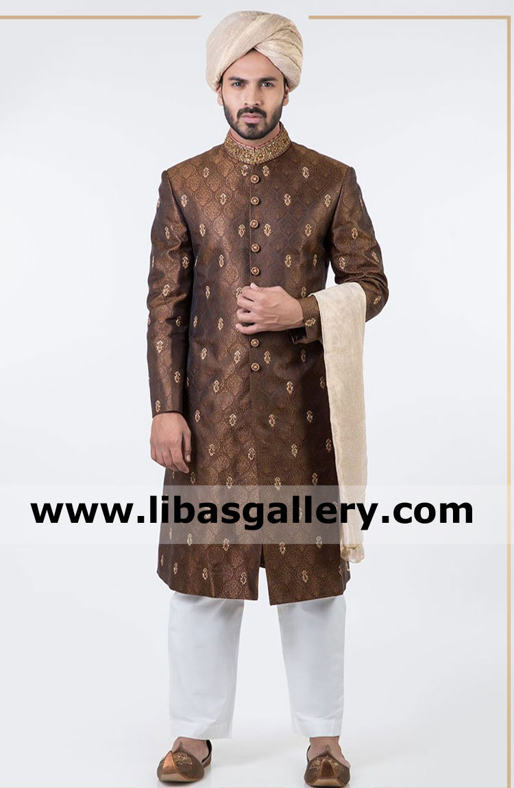 Rust Jamawar wedding sherwani with heavy hand embellished collar