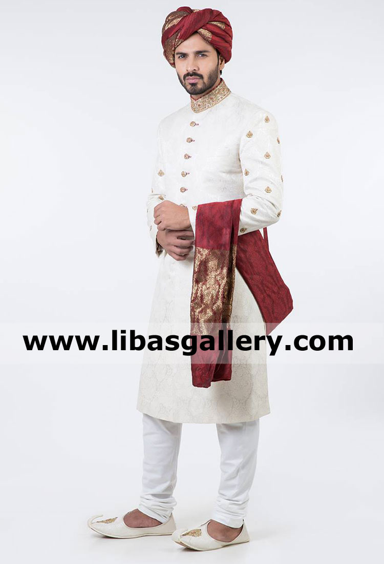 Jamawar Groom wedding sherwani with gold embroidered buttons