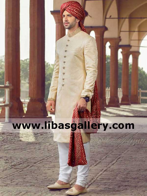 high quality jamawar fabric wedding sherwani golden with collar and cuff hand embellishment kora dabka stones uk usa canada