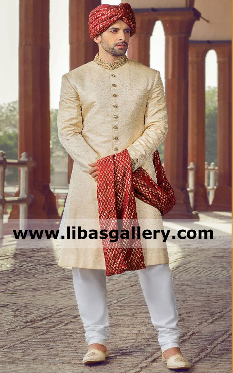 Golden Jamawar Sherwani for Showbiz related Groom
