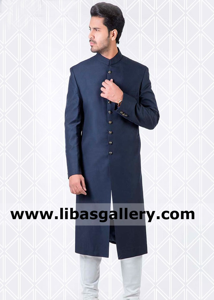 Pakistani Dark blue plain sherwani suit for relatives family event