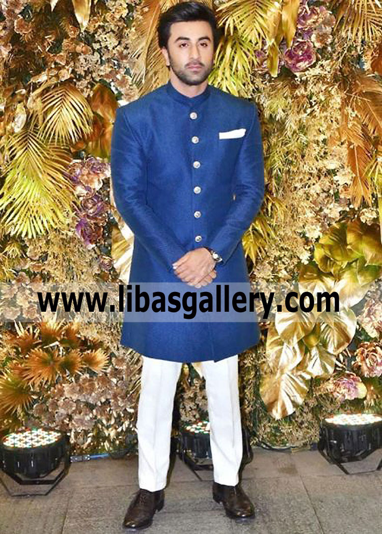 Blue nikah barat sherwani dress for groom from latest design