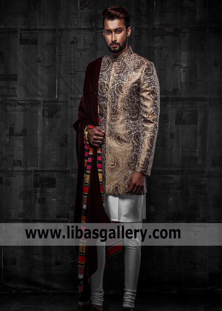 Bronze Banarsi Atlas groom short length nikah barat rukhsati sherwani full stitched ensemble pakistan india bangladesh