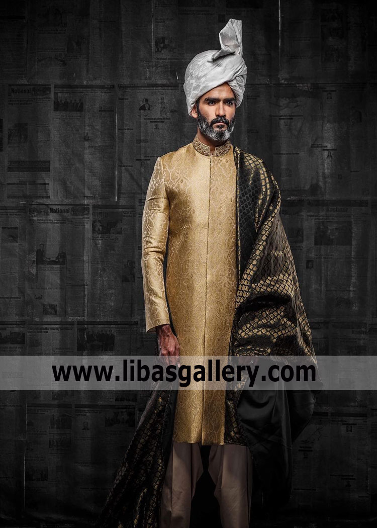 Gold Hand Embroidered wedding Sherwani for pure hearted groom