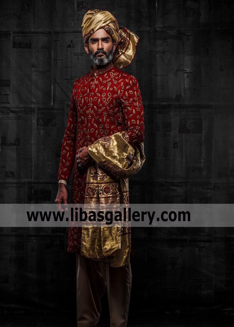 raw silk maroon groom wedding sherwani embroidered by resham thread gold organza turban pretied and matching mughal shoes glasgow birmingham uk