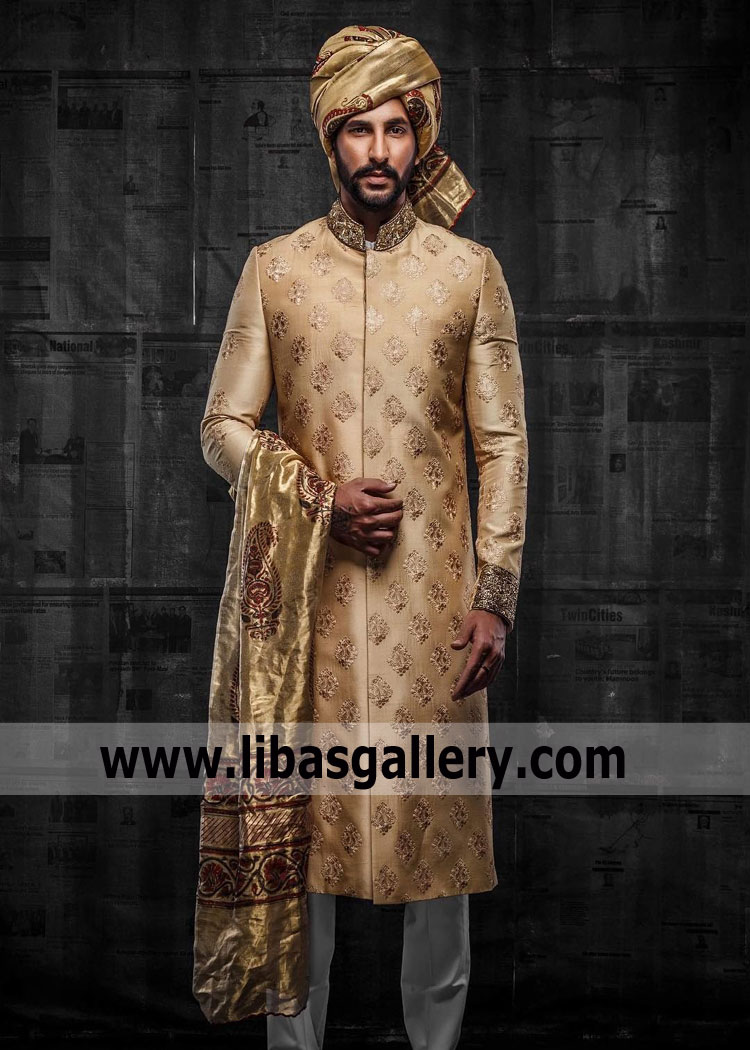 Professional Tailor Stitched Dull Gold Wedding Sherwani Style With Cotton Silk Inner For Nikah 