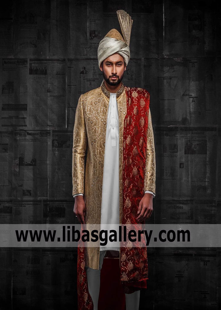 Gold Atlas Jamawar Banarsi Button Less Front Open Wedding Sherwani For Muslim Groom Barat Nikah 