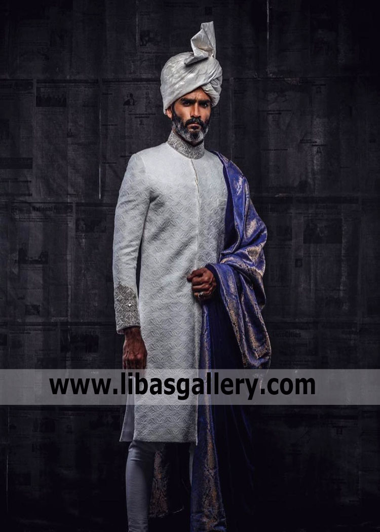 White hand embellished supreme quality wedding sherwani for religious groom silver turban can be added uk usa canada