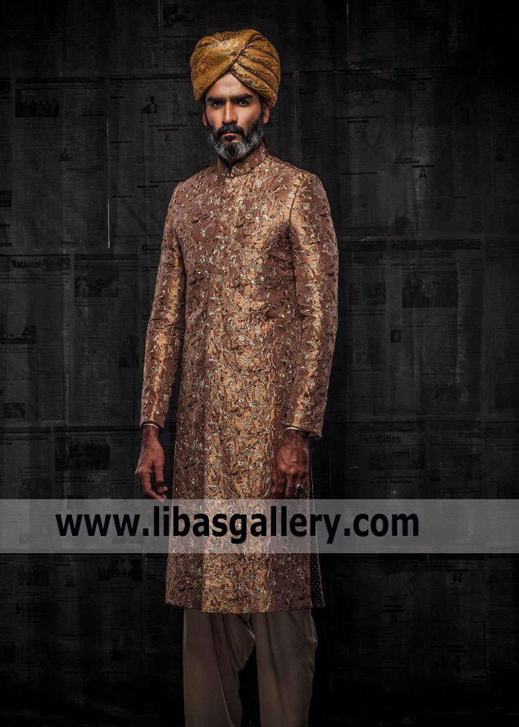 luxurious Bronze hand embellished groom sherwani design