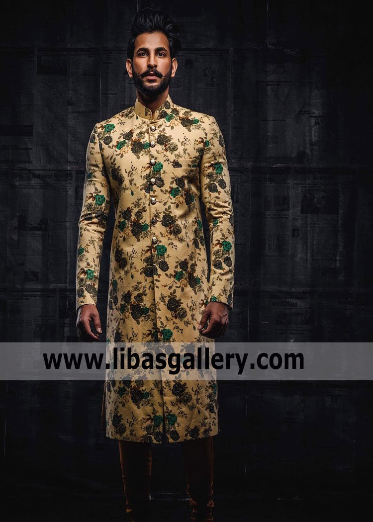 groom floral design wedding sherwani in raw silk pure fabric beige color for nikah barat shadi metallic buttons front and cuff uk usa canada