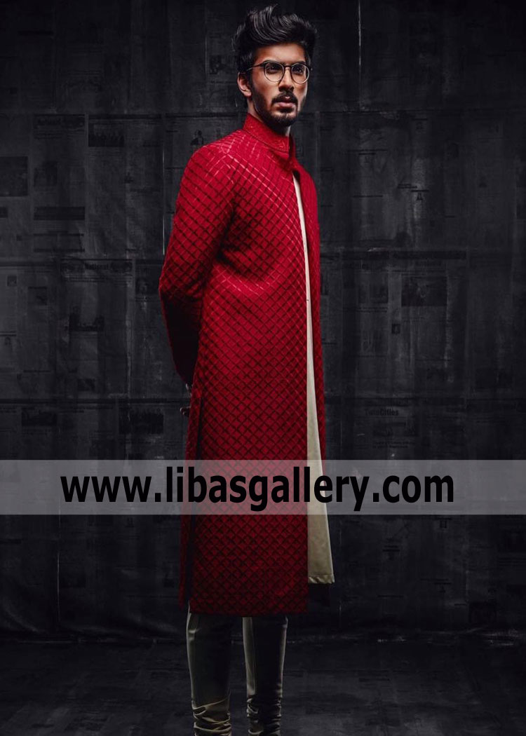 red long style latest groom wedding sherwani in pure organza fabric with resham embroidered collar compliment with cotton silk kurta pajama inner leeds london UK