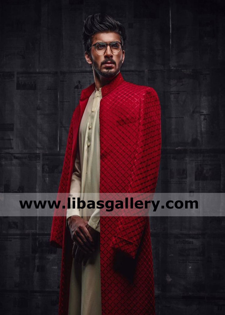 Awesome Red Groom Wedding sherwani latest long style