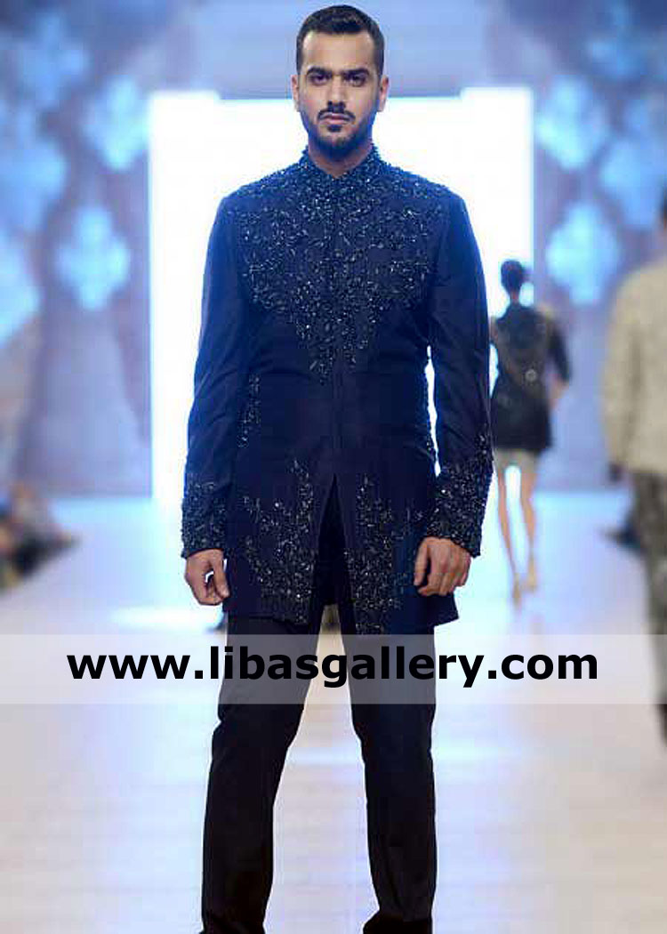 groom sherwani dark shade midnight blue hand embellished front suitable design for nikah and barat day for dulha uk usa dubai