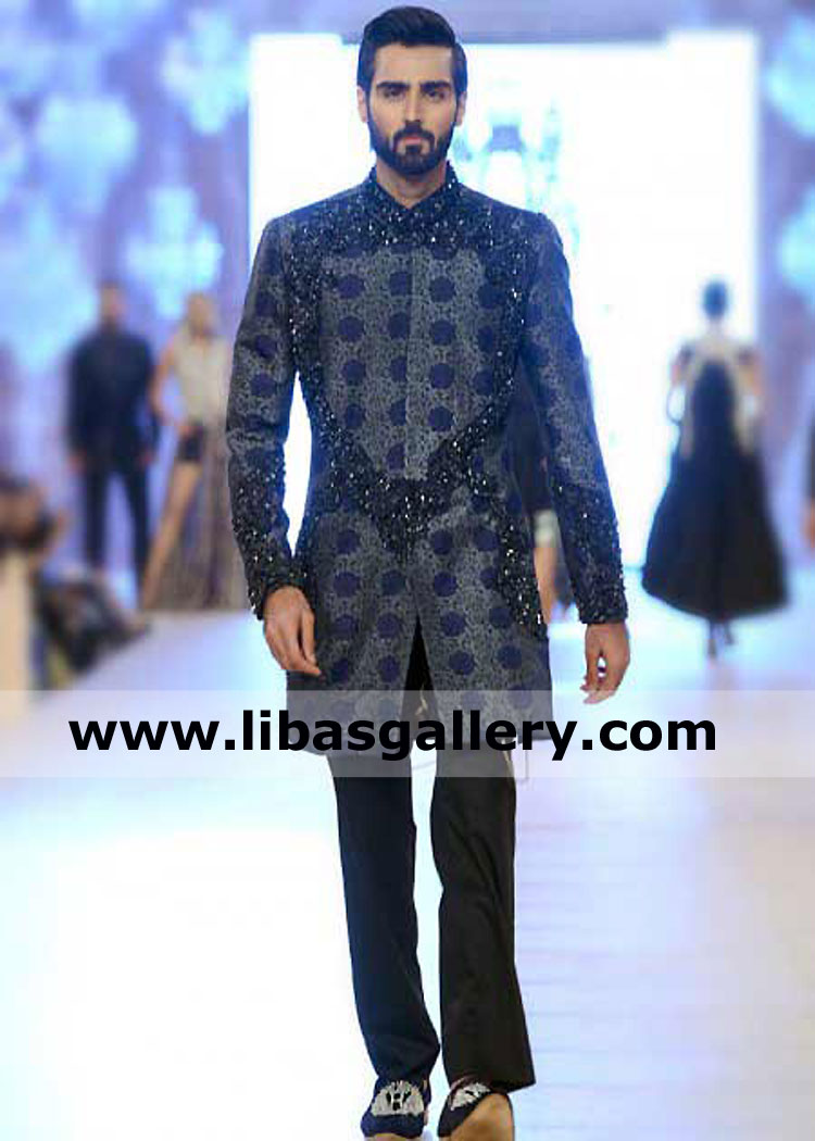 Hasnain lehri wearing Awesome dark blue Jamawar Banarsi Sherwani Triangle style hand embellishment on front cuff stones beads cut dana france germany new zealand