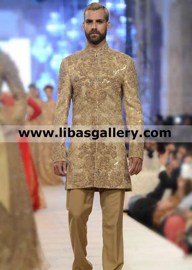 golden sherwani with hand embellishment on jamawar pure banarsi fabric by hsy designer article uk usa canada