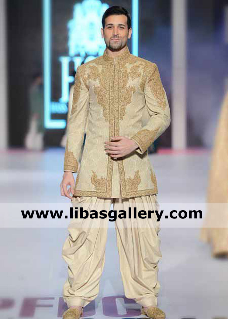 Beautiful Wedding Sherwani for Groom with Gold embellishment