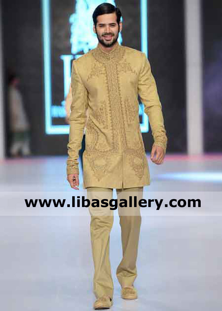 Indo western style gold wedding sherwani for slim gym groom