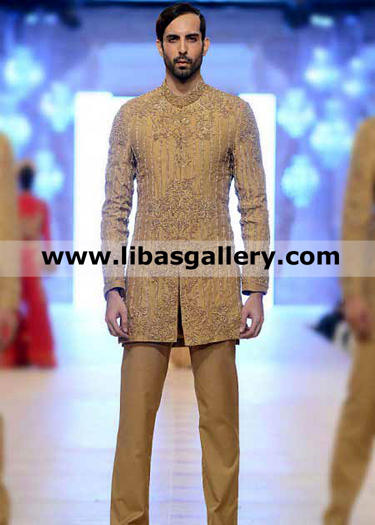 Gold Hand Embellished designer wedding sherwani for groom barat nikah session with pants easy to move and sit comfort perfect fitting shop online sweden spain france