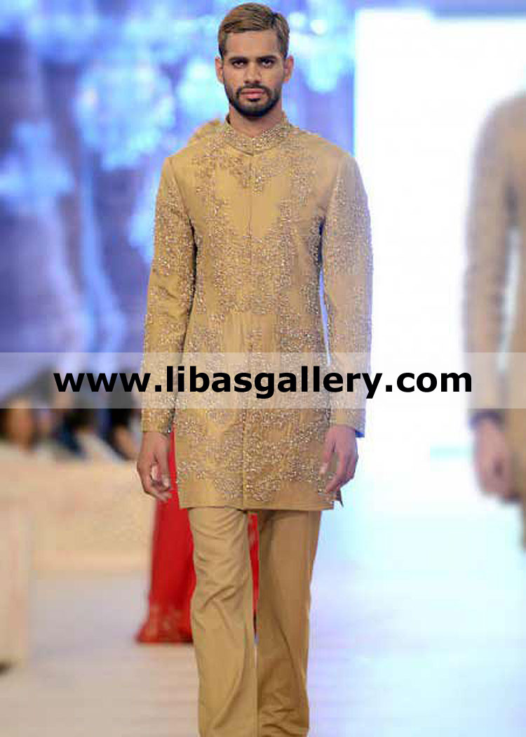 latest Indo western style gold slim fit groom wedding sherwani article