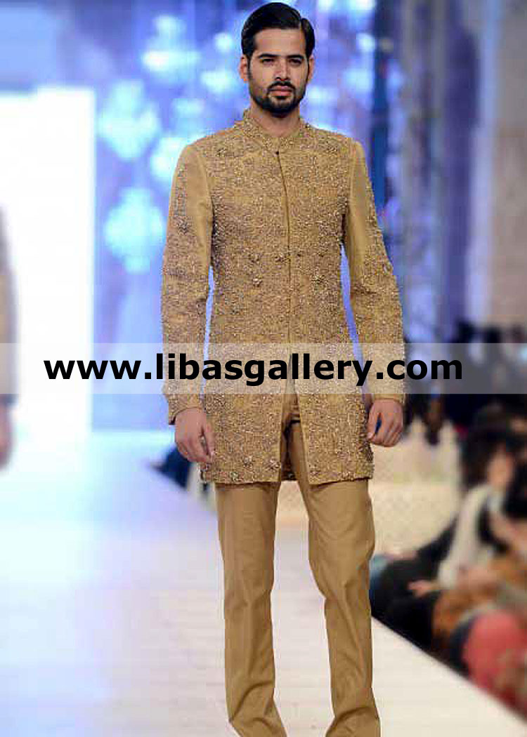 heavy handcrafted groom wedding sherwani suit in gold color