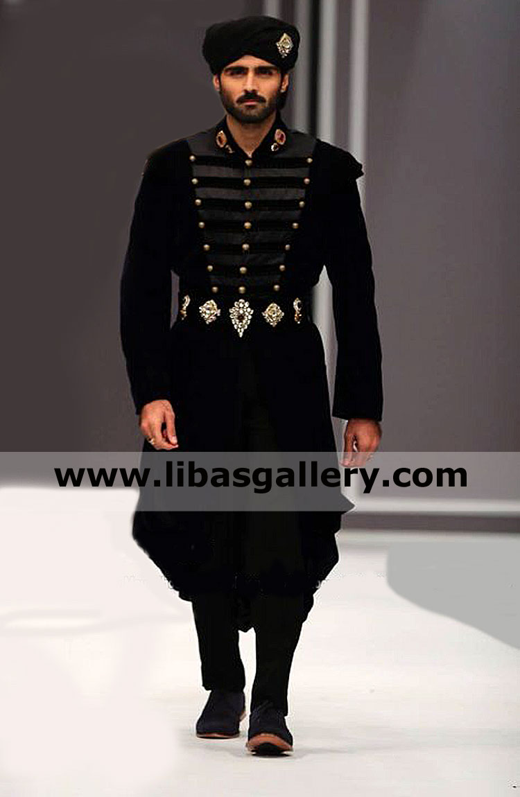 smart hasnain lehri walking on ramp in kosem sultan style pakistani groom wedding sherwani black custom made for nikah barat glasgow cardiff uk