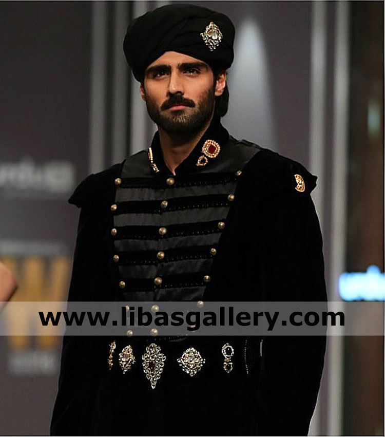 Sultan style black barat nikah sherwani for passionate groom