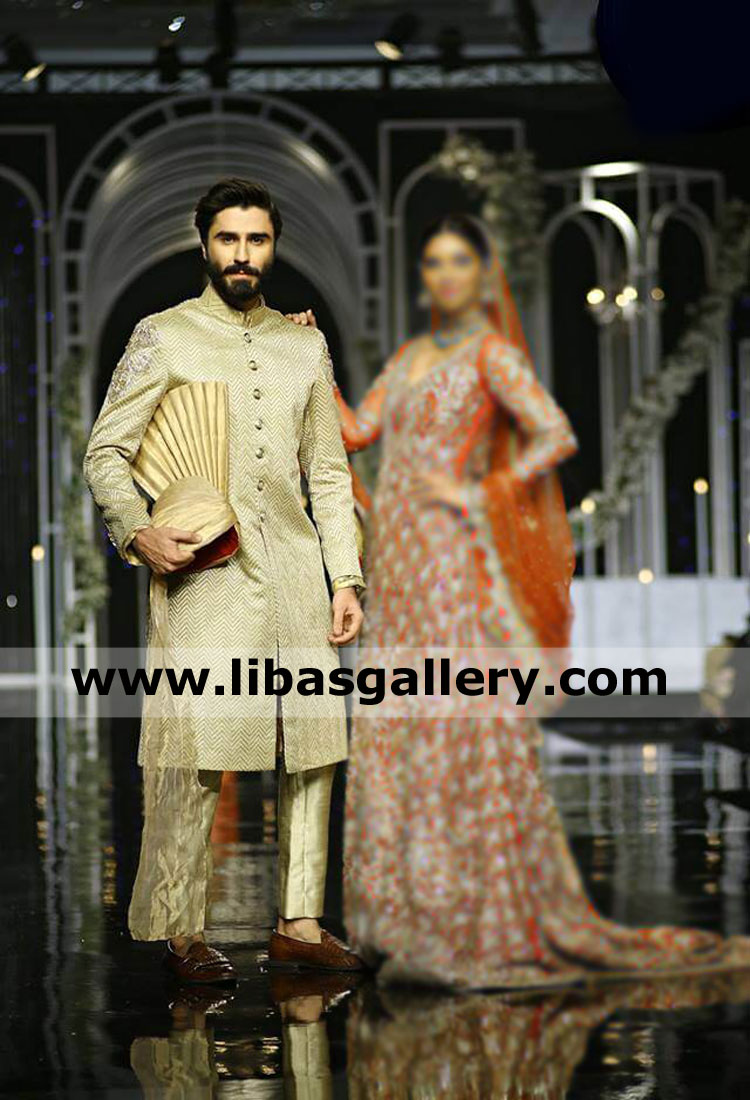 Charming Jamawar Golden Groom Wedding Sherwani Suit