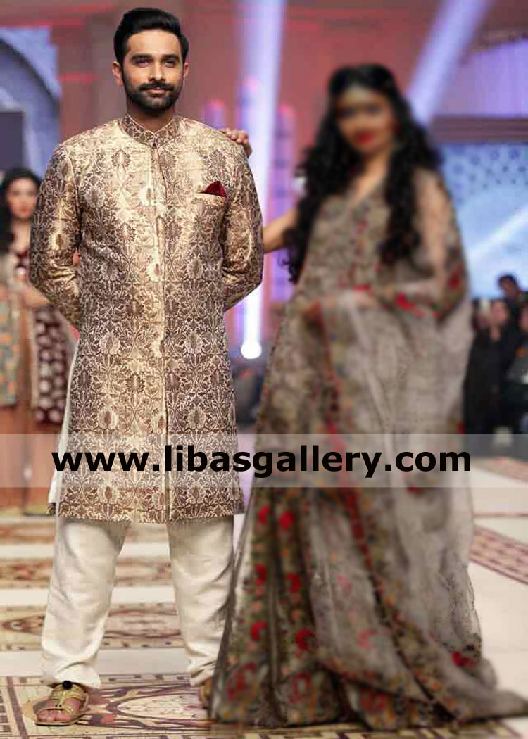 Sober Jamawar banarsi groom wedding sherwani style for nikah barat