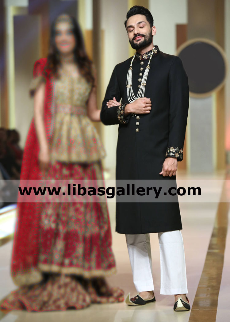 Black top class groom traditional wedding pakistani designer sherwani hand embellished collar cuff qatar saudi arabia kuwait