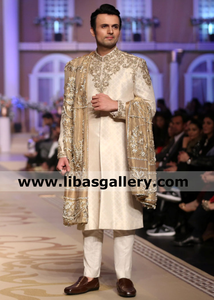 usman mukhtar model actor presenting pakistani designer sherwani suit of jamawar banarsi fabric hand embellished achkan cyprus uk usa canada