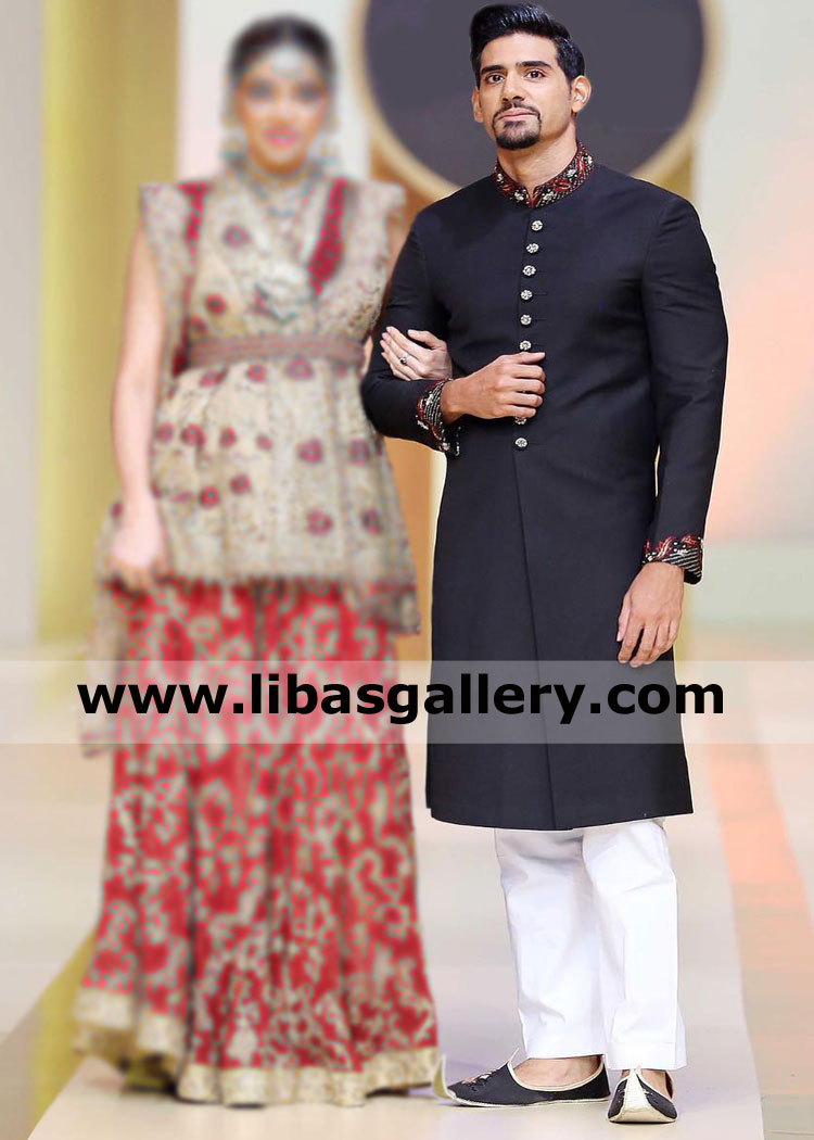 Passionate simple minded groom in black embellished sherwani design