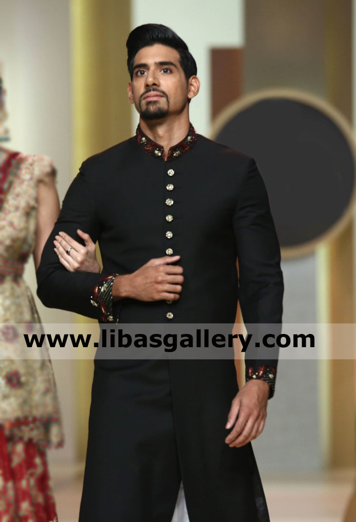 Passionate simple minded groom in black embellished sherwani design