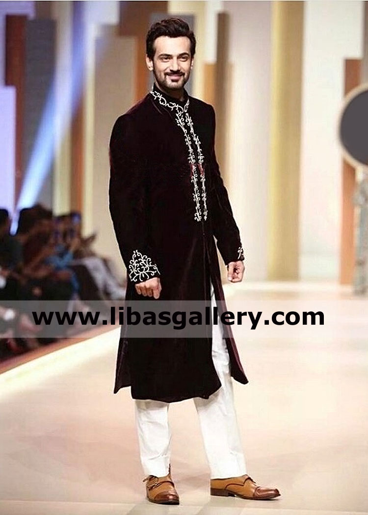 zahid ahmed actor walking on ramp with ayeza khan actress in pure velvet groom wedding sherwani with white pajama Nashville Los Angeles USA