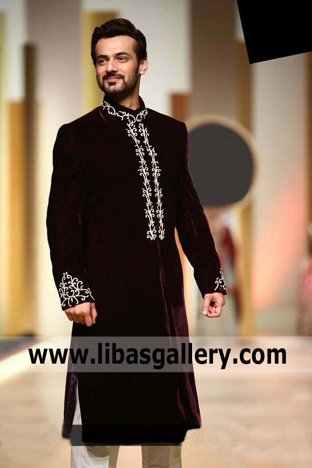 Winter Season Pakistani hand crafted groom velvet sherwani ensemble