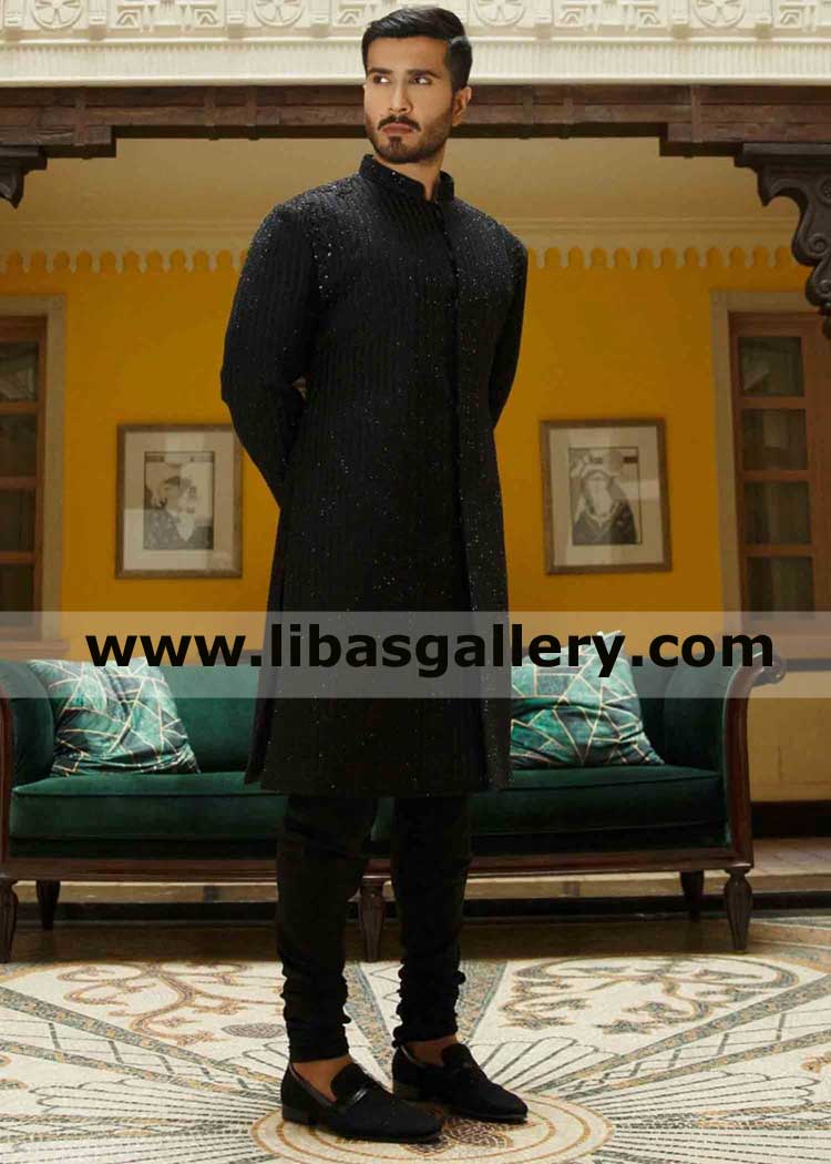 bespoke black Embroidered Groom Wedding jacket for nikah barat mehndi occasions