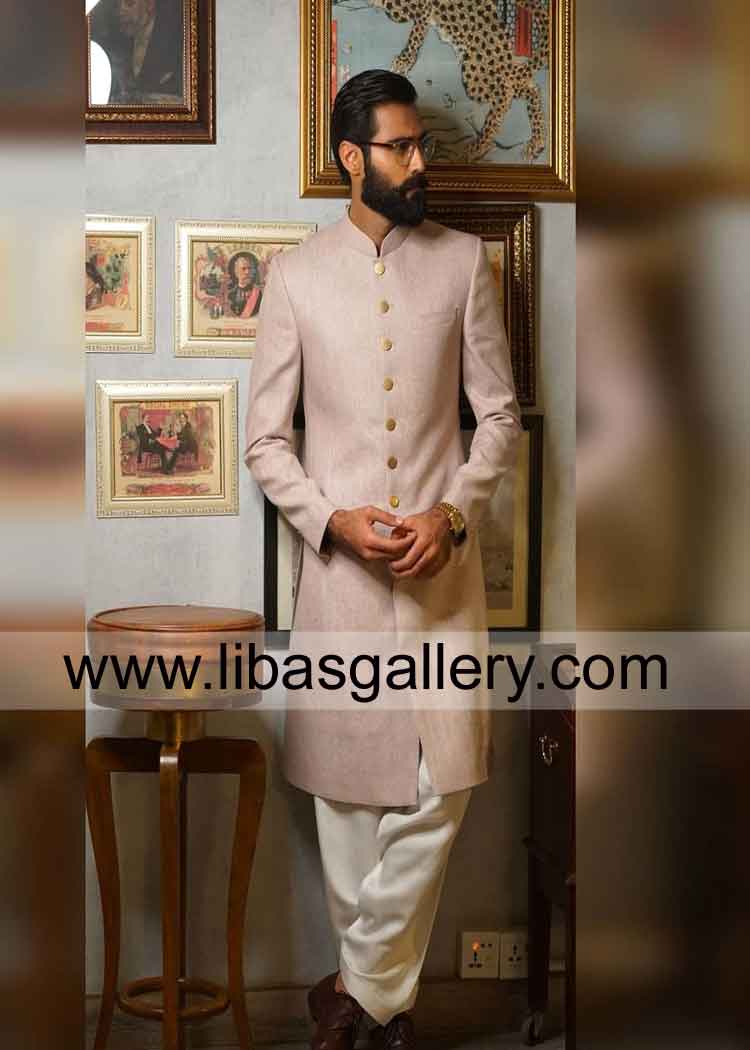 Hasnain Lehri In Jamawar Sober Long Groom Wedding Jacket Tea Pink Color Perfect Fitting And 