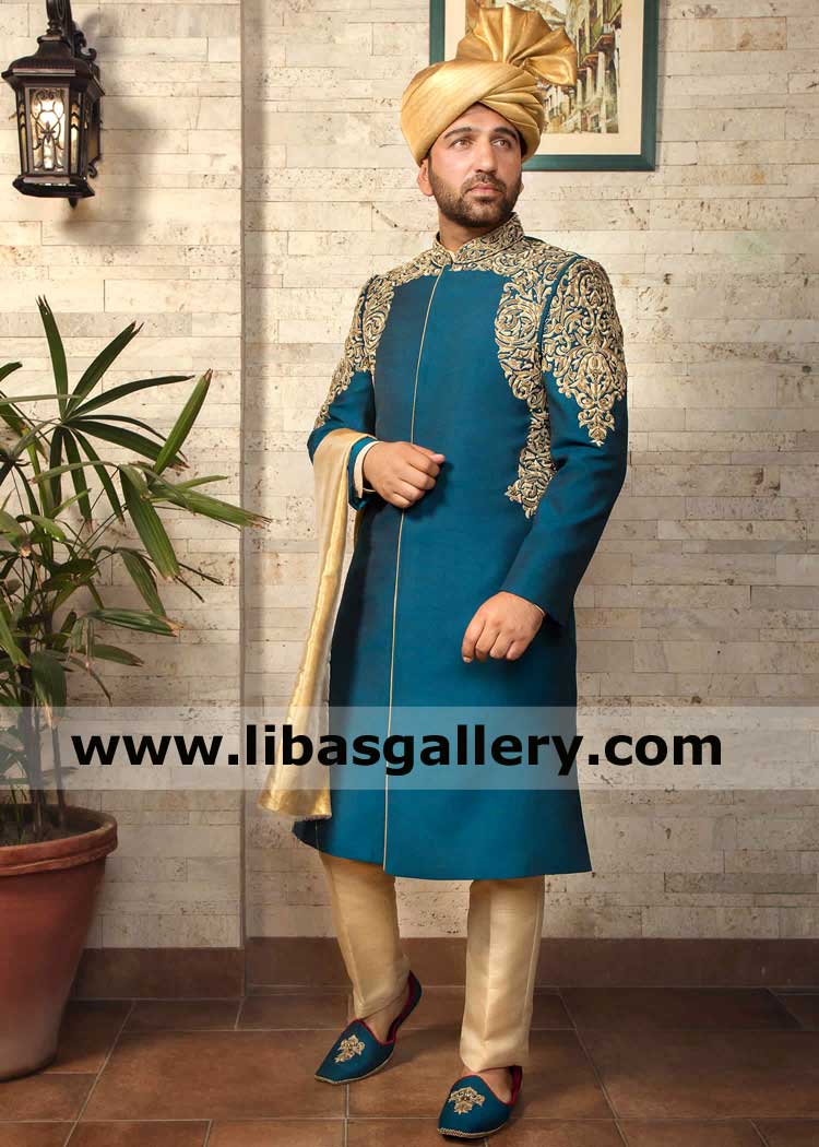 zinc blue groom wedding sherwani for nikah barat with gold and antique work kora dabka on collar arms front area barat nikah wedding jacket uk usa canada