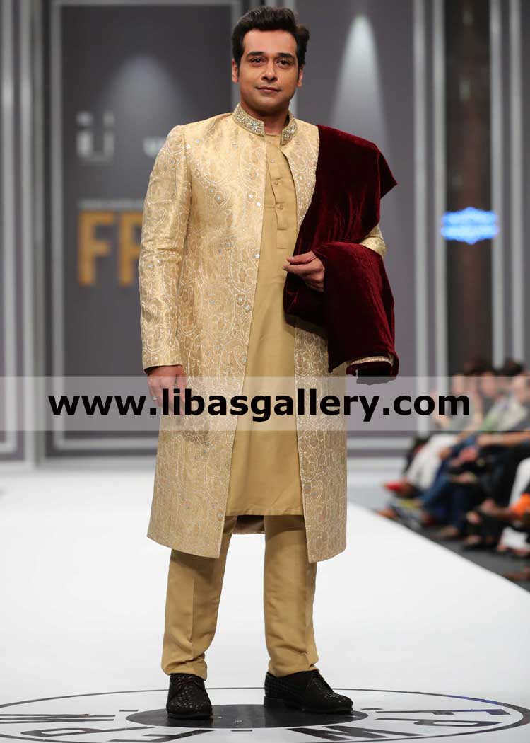 Garish Golden Designer Groom Nikah barat Sherwani suit