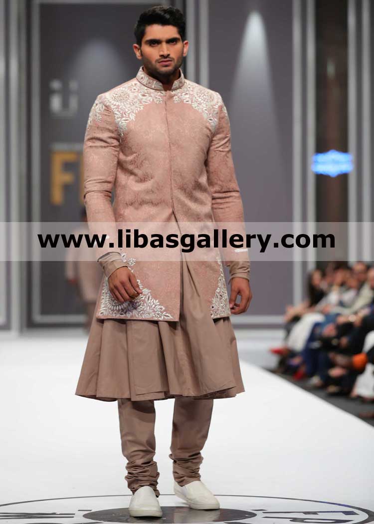 jamawar wedding sherwani with white hand embellishment on collar arm front and hem line good choice for nikah barat rukhsati day washington DC sugarland texas USA