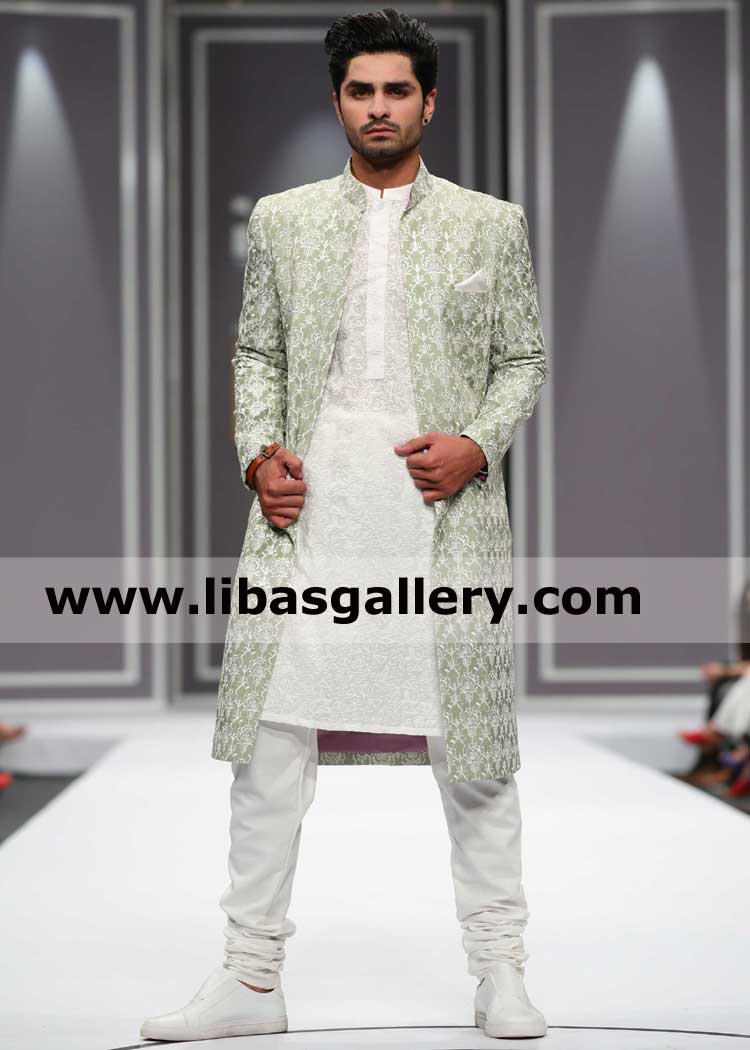 Embroidered groom green wedding sherwani suit for mehndi and functions make to order wedding jacket worldwide express delivery DHL fedex for UK USA Dubai